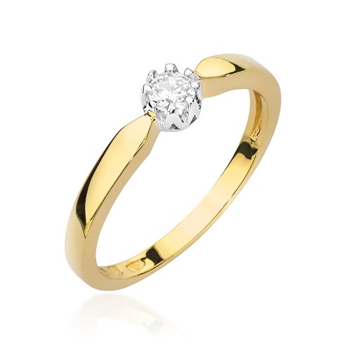 Klasyczny pierścionek zaręczynowy z diamentem o masie 0,15ct , umieszczonym w koszyku z białego złota.